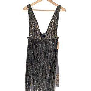 Mandalay Gunmetal Beaded Fringe Cocktail Dress Size 8